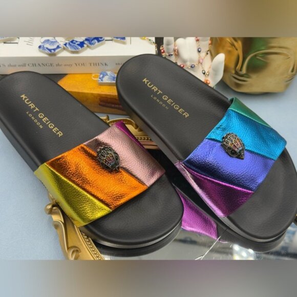 🆕 KURT GEIGER LONDON 🧿 NWOT Meena Eagle Metallic Pool Slide - Size 36 US 6 - Picture 5 of 15